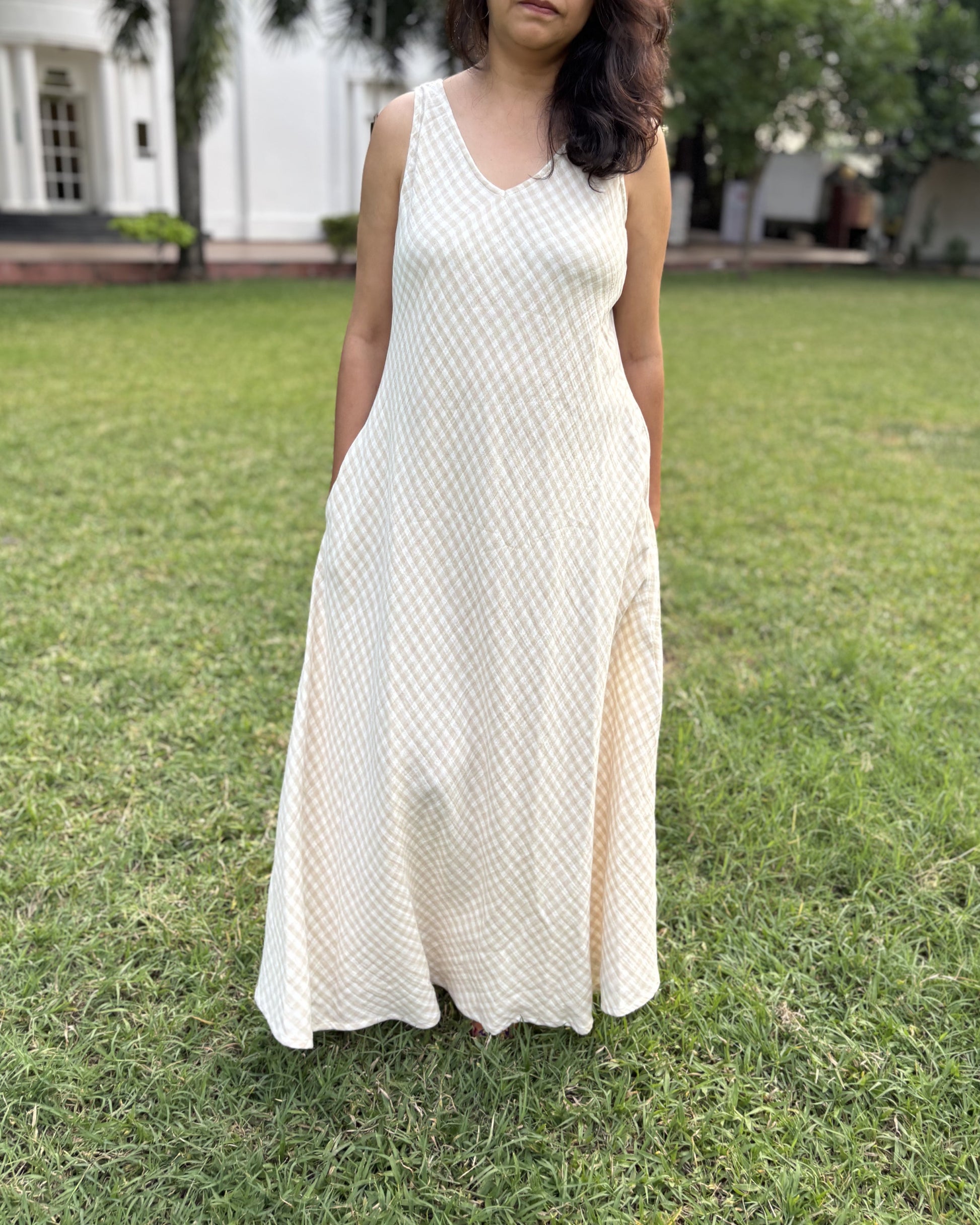 Saachi Soft Cotton Beige V Neck Maxi Dress Newnaa