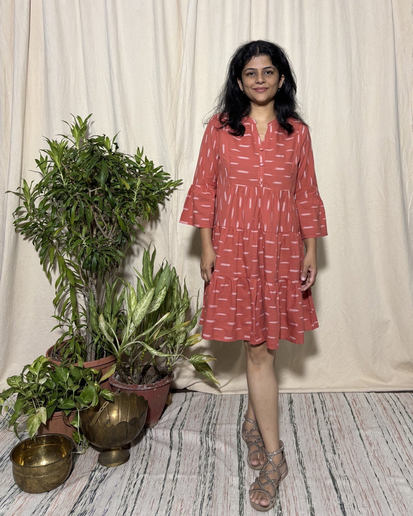 Tripti Cotton  Rust Ikat  Midi Dress Newnaa