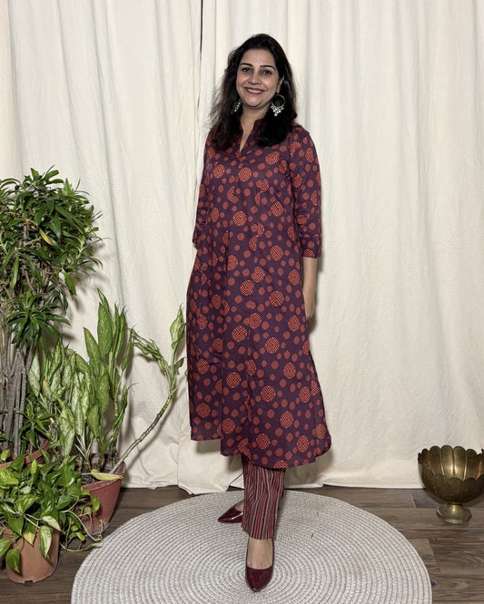 Aksha Maroon Rudraksham Print Kurta with Striped Pants 100% Fine Cotton Co-ord Set Newnaa