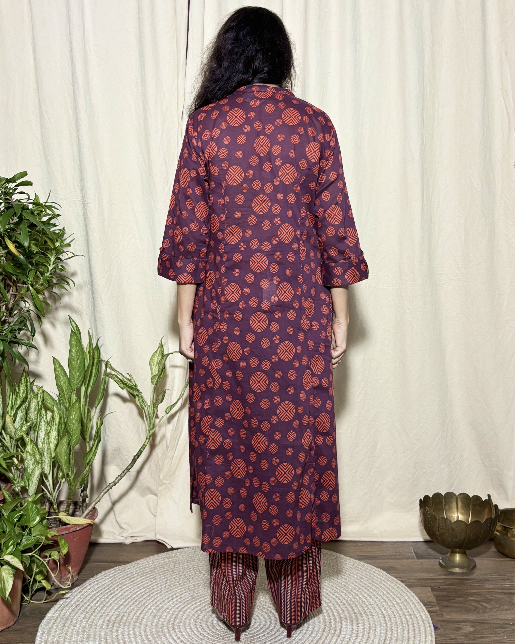 Aksha Maroon Rudraksham Print Kurta with Striped Pants 100% Fine Cotton Co-ord Set Newnaa