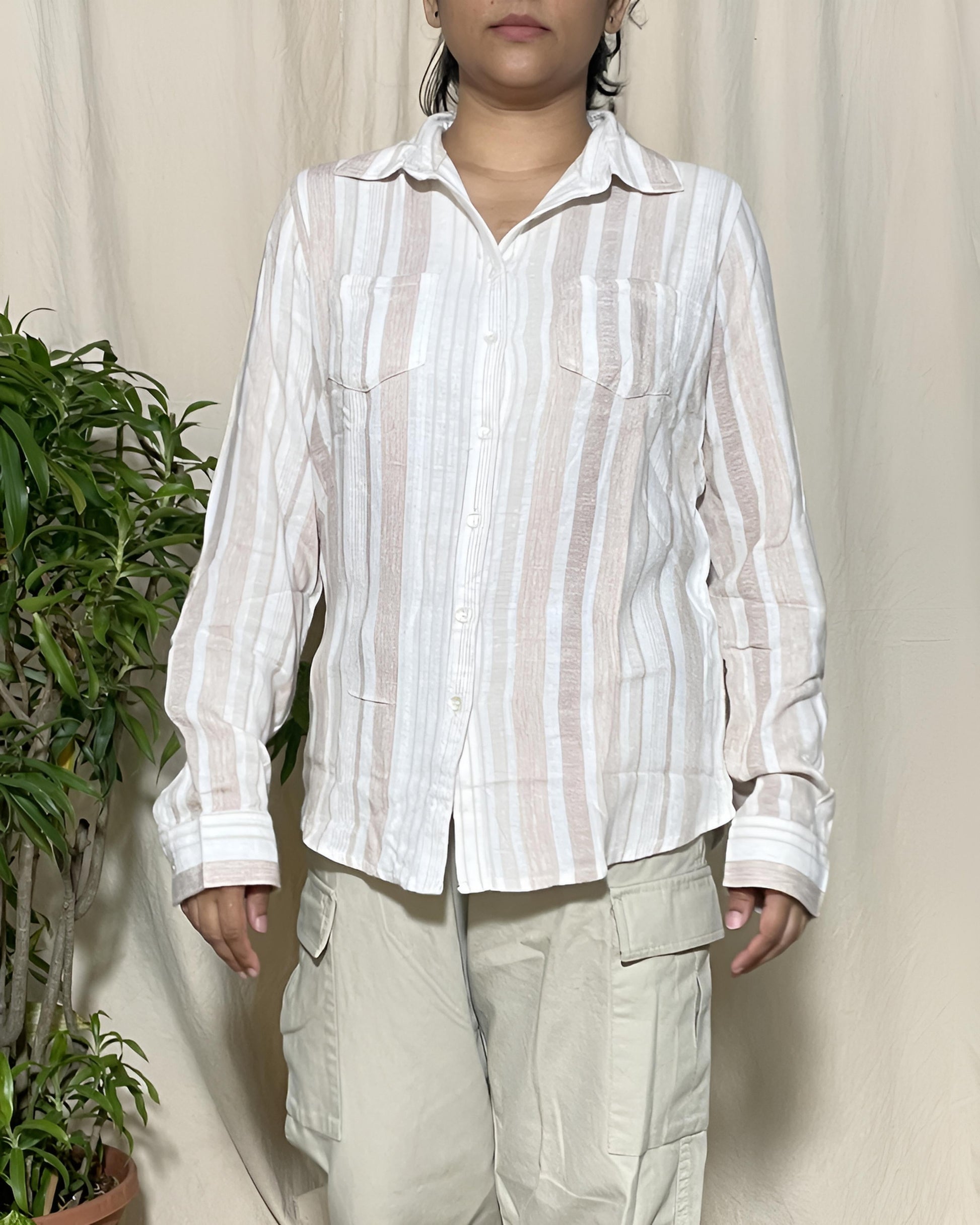 Trisha Slim Fit Cotton Beige Stripe  Shirt Long Sleeve Newnaa