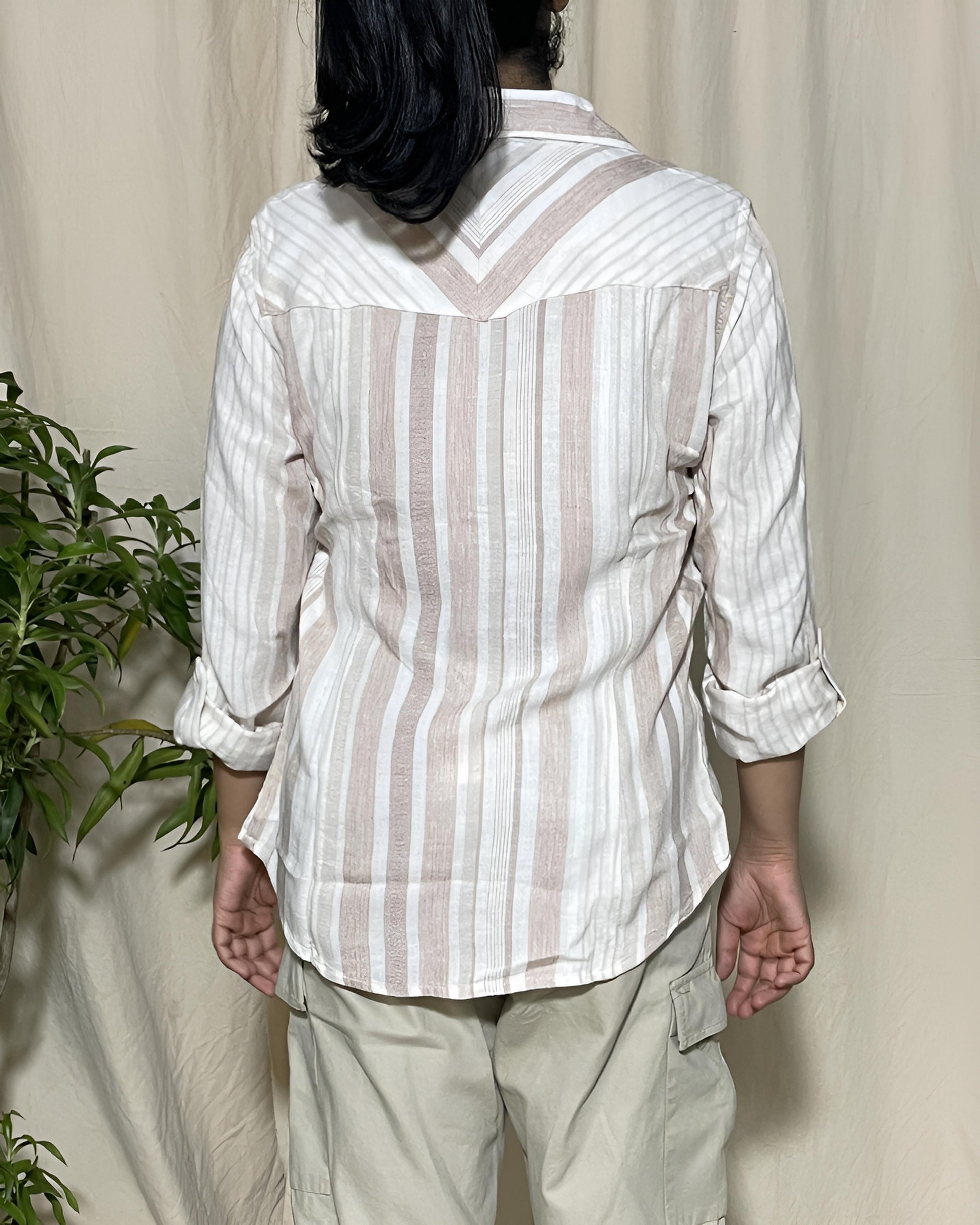 Trisha Slim Fit Cotton Beige Stripe  Shirt Long Sleeve Newnaa
