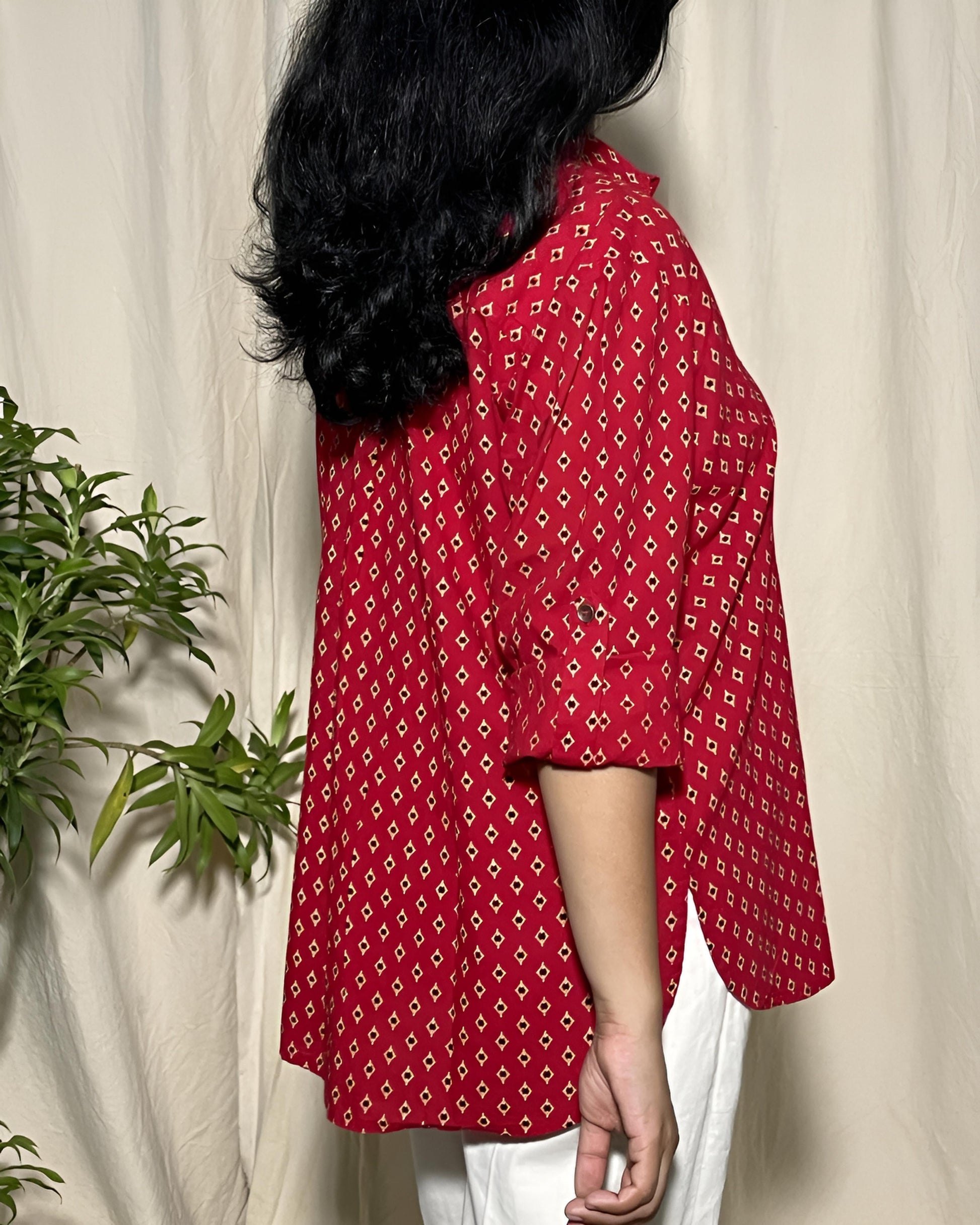 Alaya Drop Shoulder Shirt Red Geo Print Newnaa