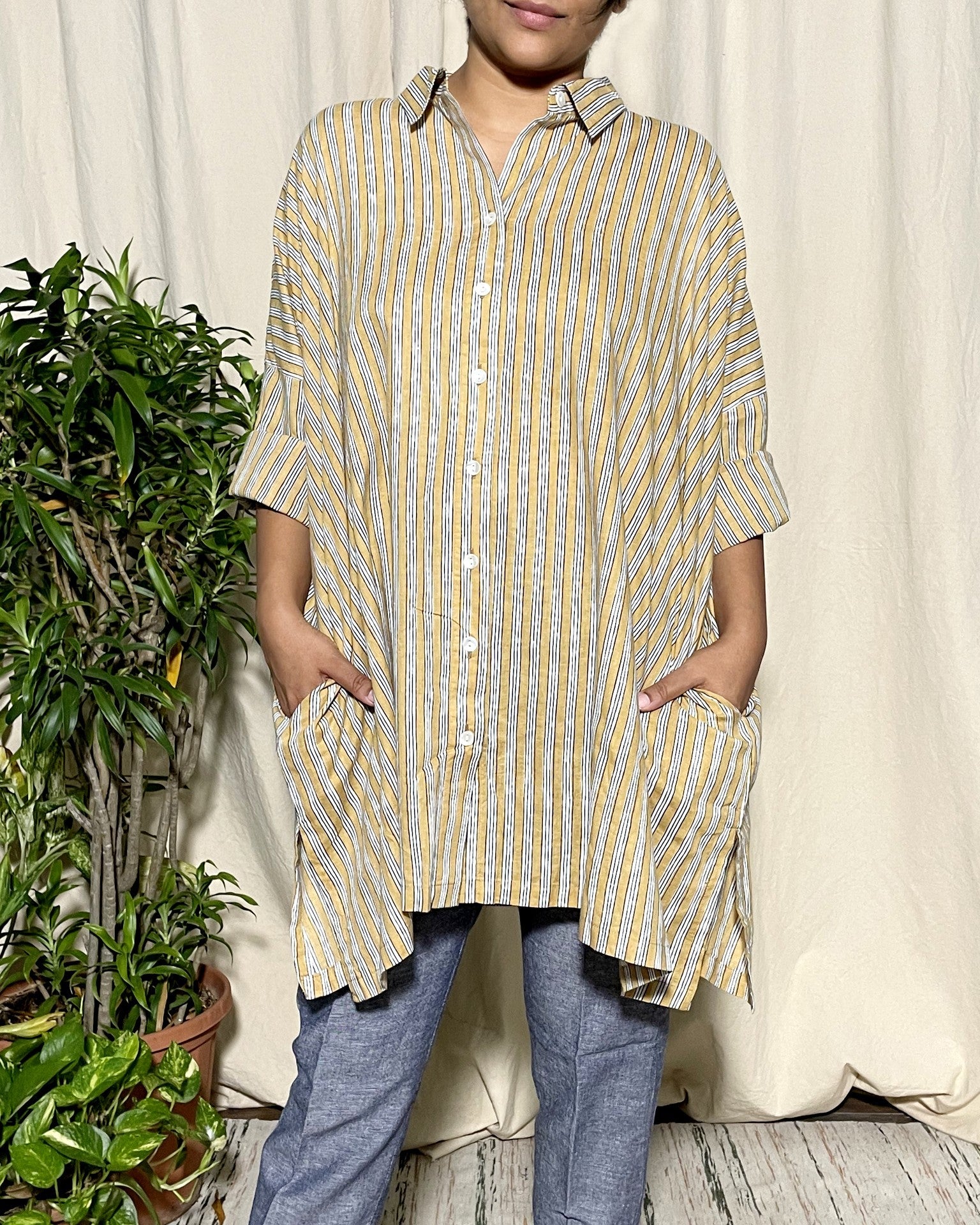 Amiti oversized Mustard Stripe shirt Newnaa