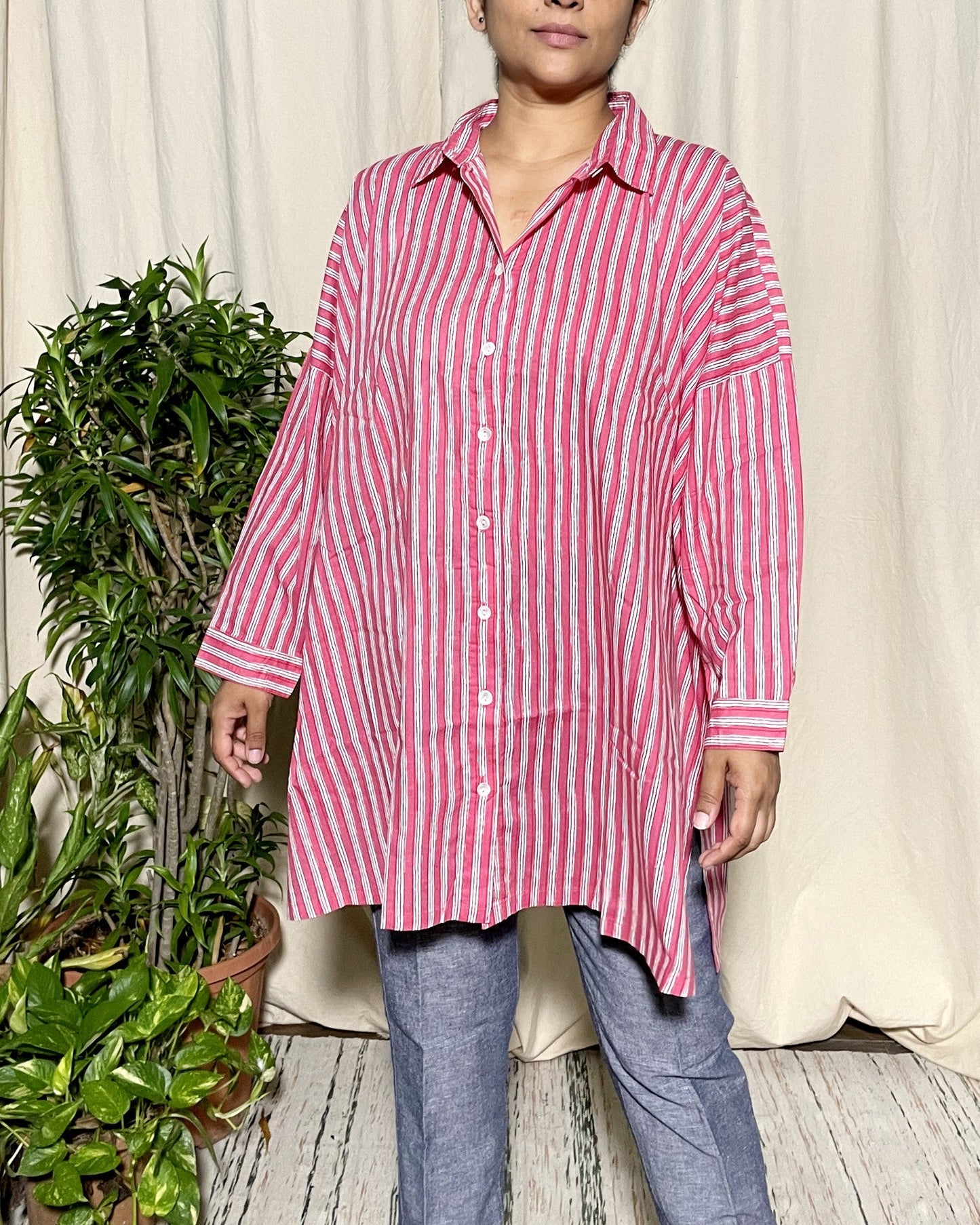 Amiti Fuchsia Pink Stripe Free size Shirt Long Sleeve Newnaa