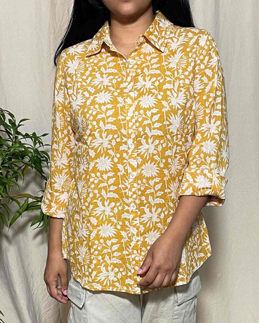 Trisha Slim Fit Cotton Shirt – Yellow Floral Print Newnaa