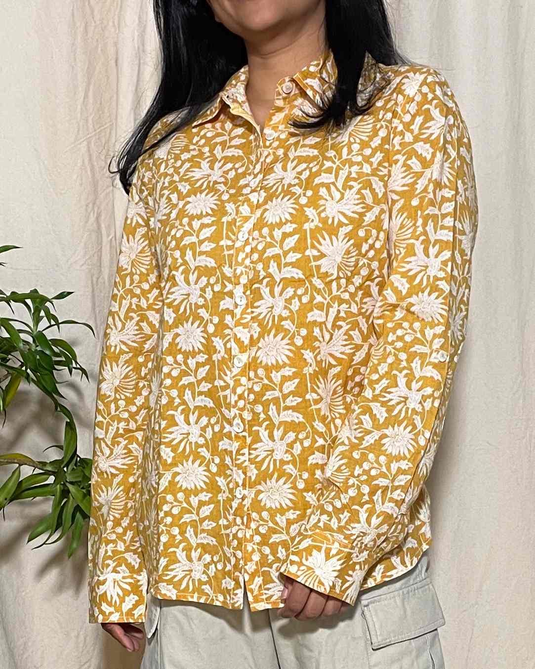 Trisha Slim Fit Cotton Shirt – Yellow Floral Print Newnaa