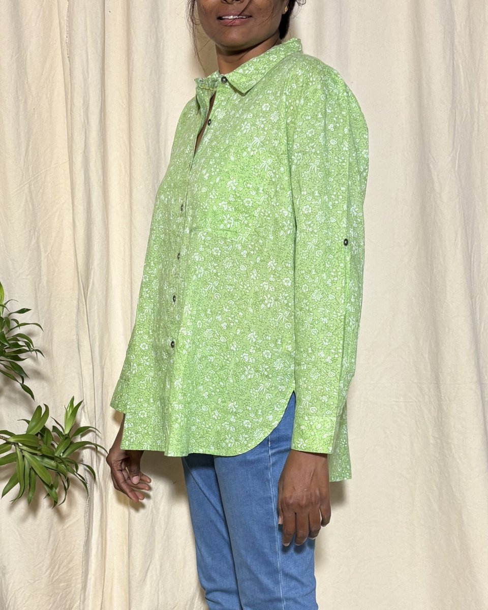 Alaya Cotton Drop Shoulder Shirt Green Floral Print Long Sleeves - Newnaa