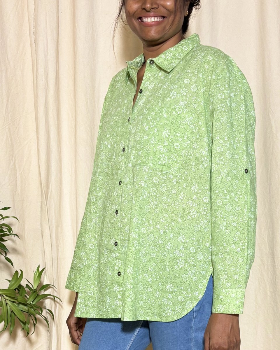 Alaya Cotton Drop Shoulder Shirt Green Floral Print Long Sleeves - Newnaa
