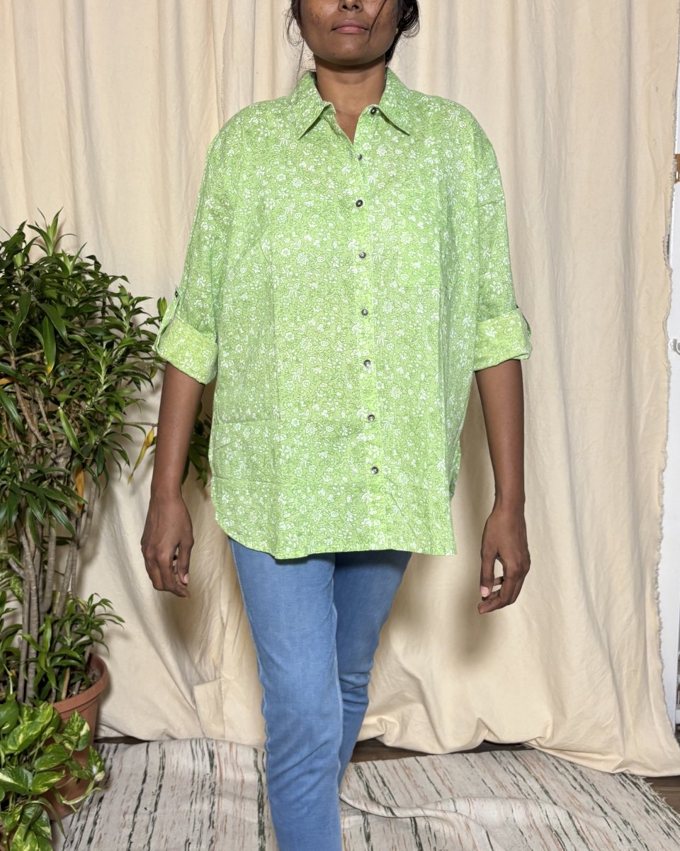Alaya Cotton Drop Shoulder Shirt Green Floral Print Long Sleeves - Newnaa