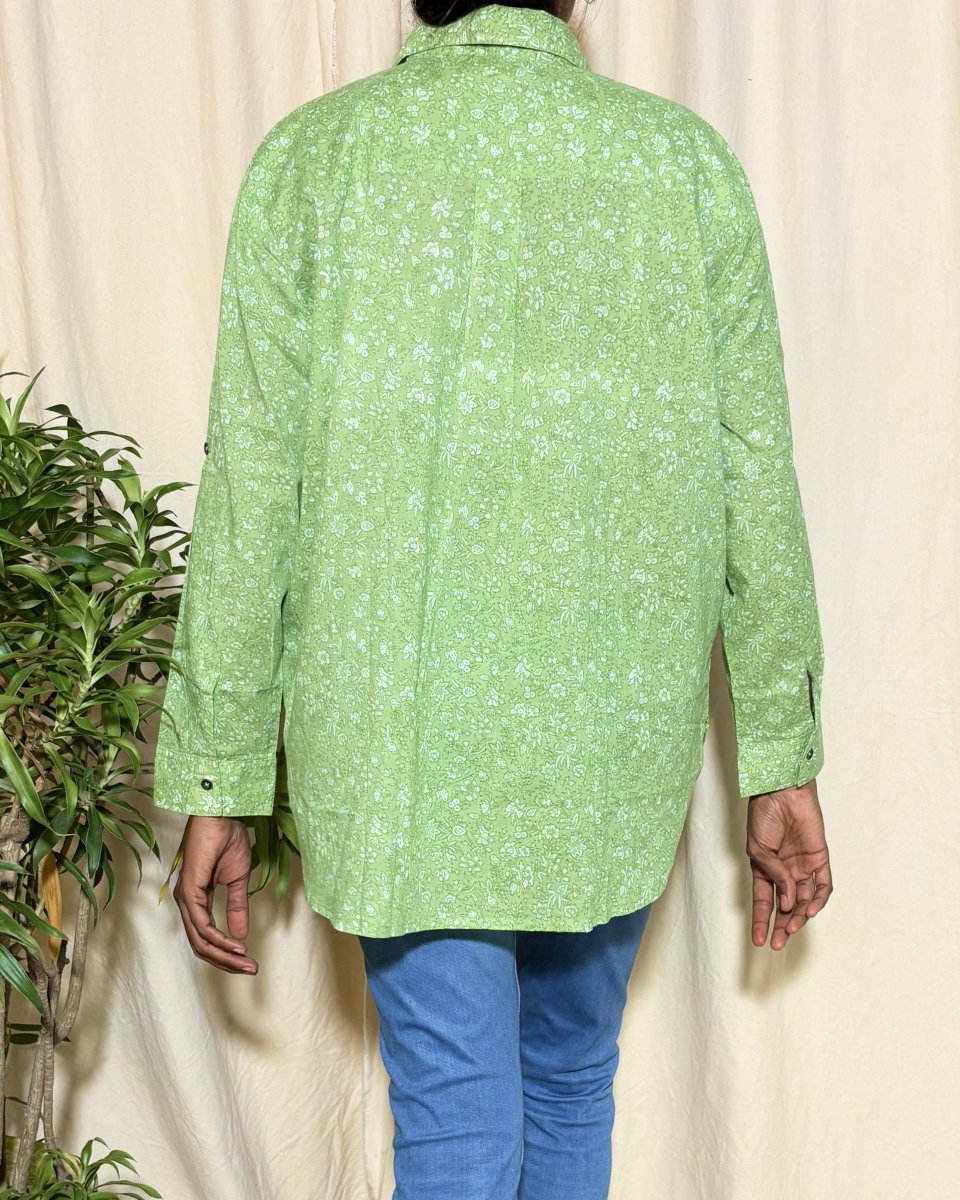 Alaya Cotton Drop Shoulder Shirt Green Floral Print Long Sleeves - Newnaa