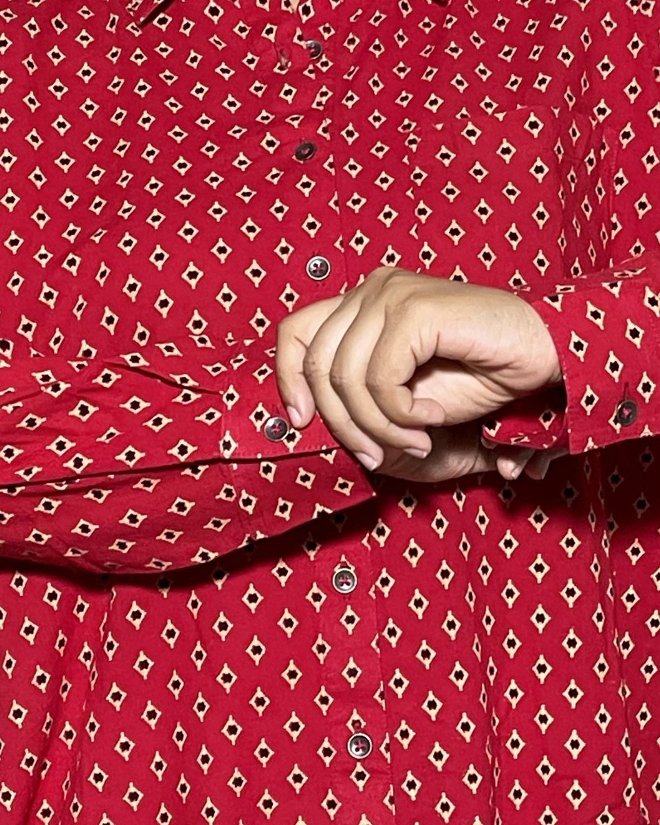 Alaya Cotton Drop Shoulder Shirt – Red Geo Print Long Sleeves - Newnaa
