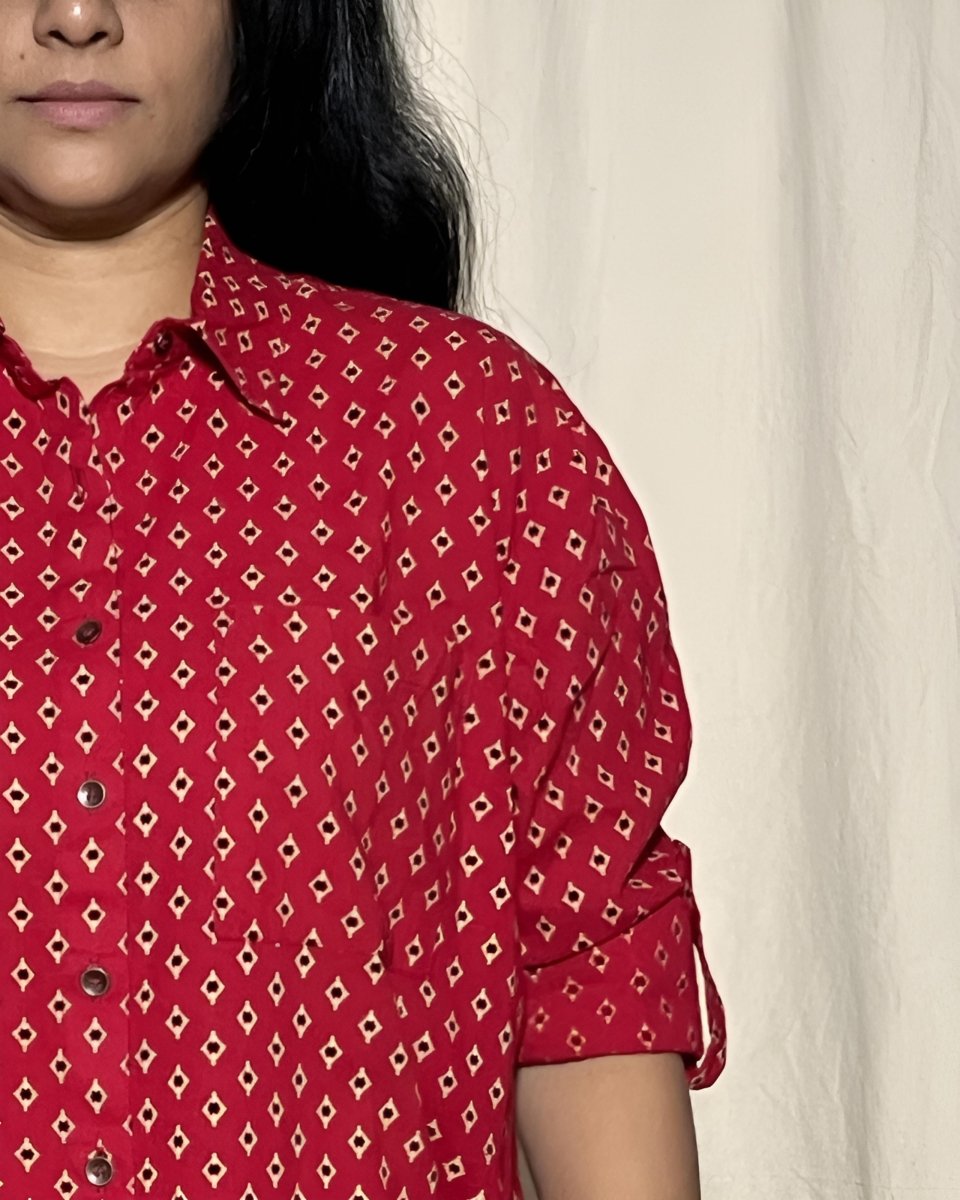 Alaya Cotton Drop Shoulder Shirt – Red Geo Print Long Sleeves - Newnaa