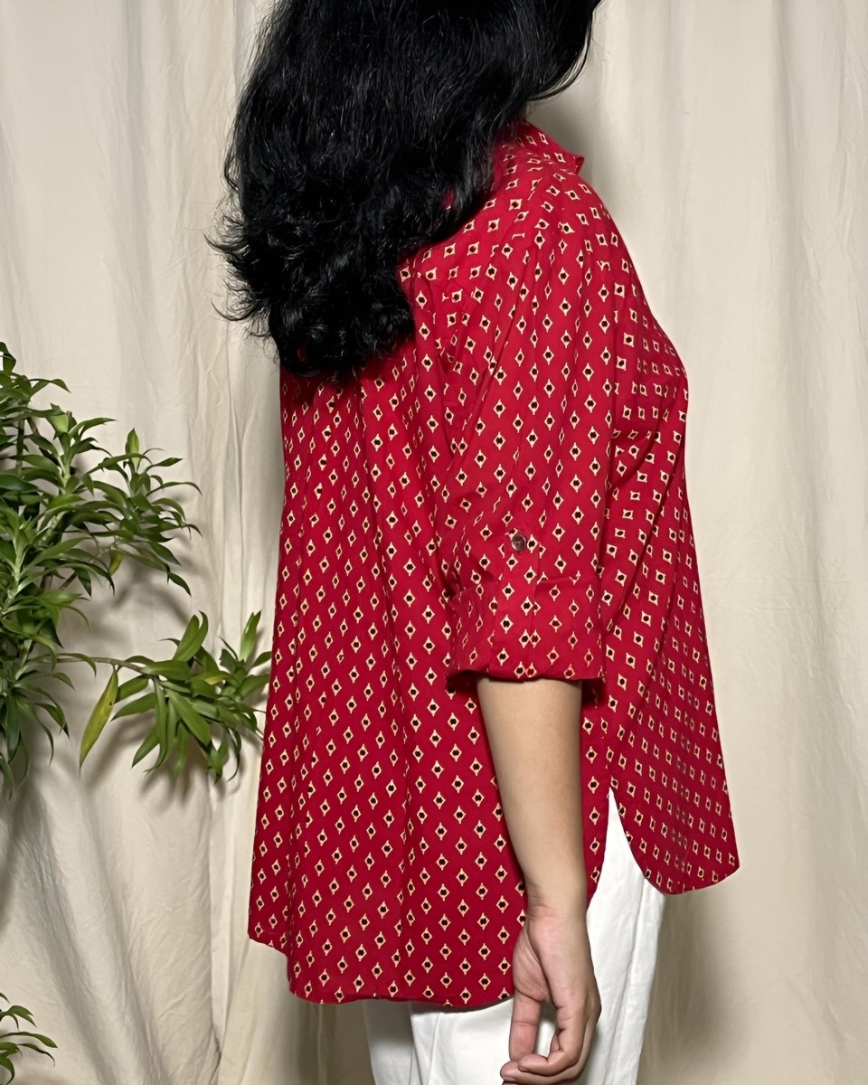 Alaya Cotton Drop Shoulder Shirt – Red Geo Print Long Sleeves - Newnaa