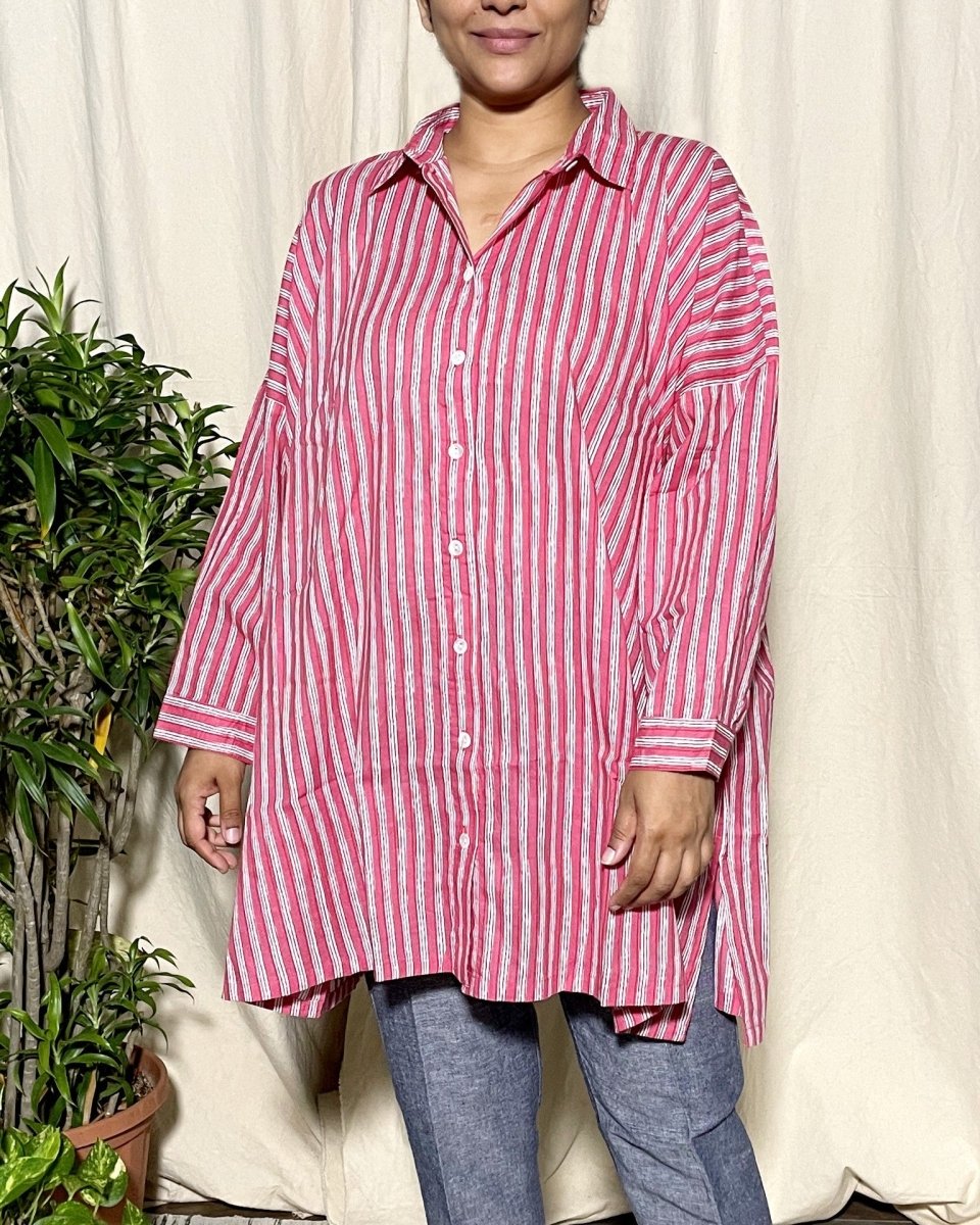 Amiti Fuchsia Pink Stripe Free size Shirt Long Sleeve - Newnaa