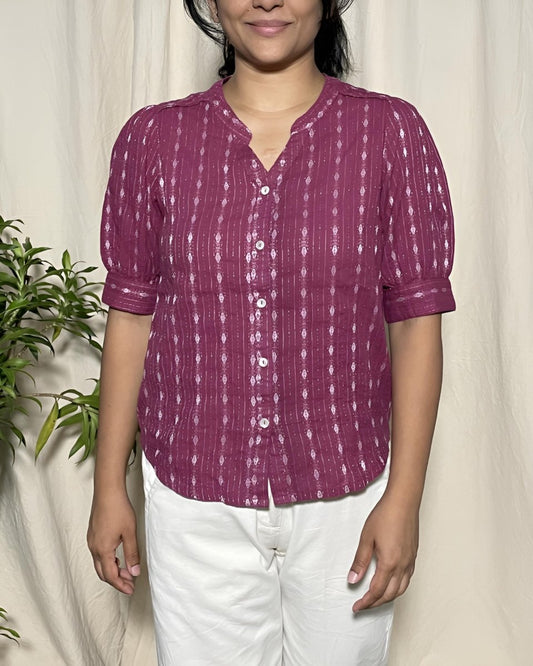 Arya Cotton Dobby Plum Purple Shirt Short Sleeve - Newnaa