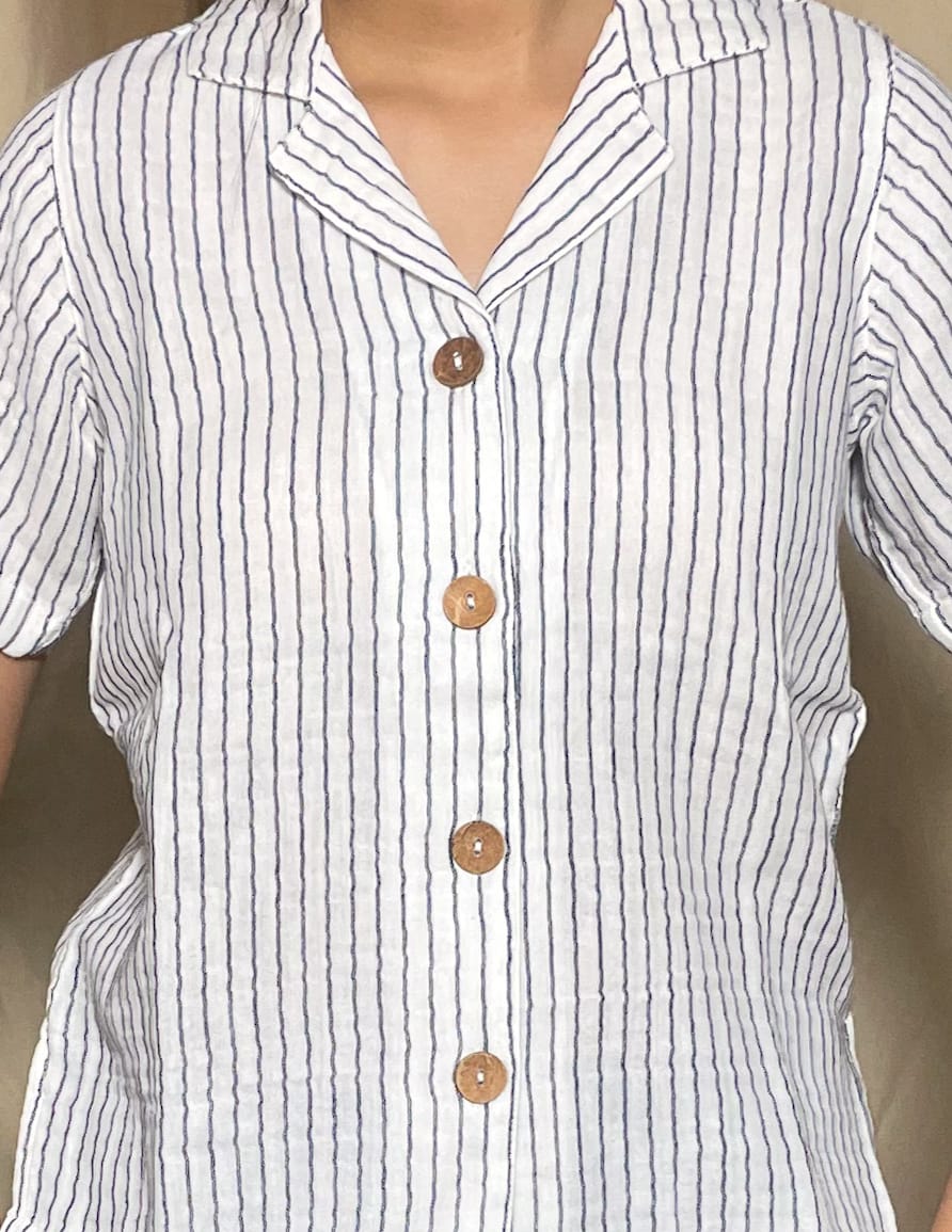 Asma Cotton Black & White stripe Open Collar Shirt Short Sleeve - Newnaa