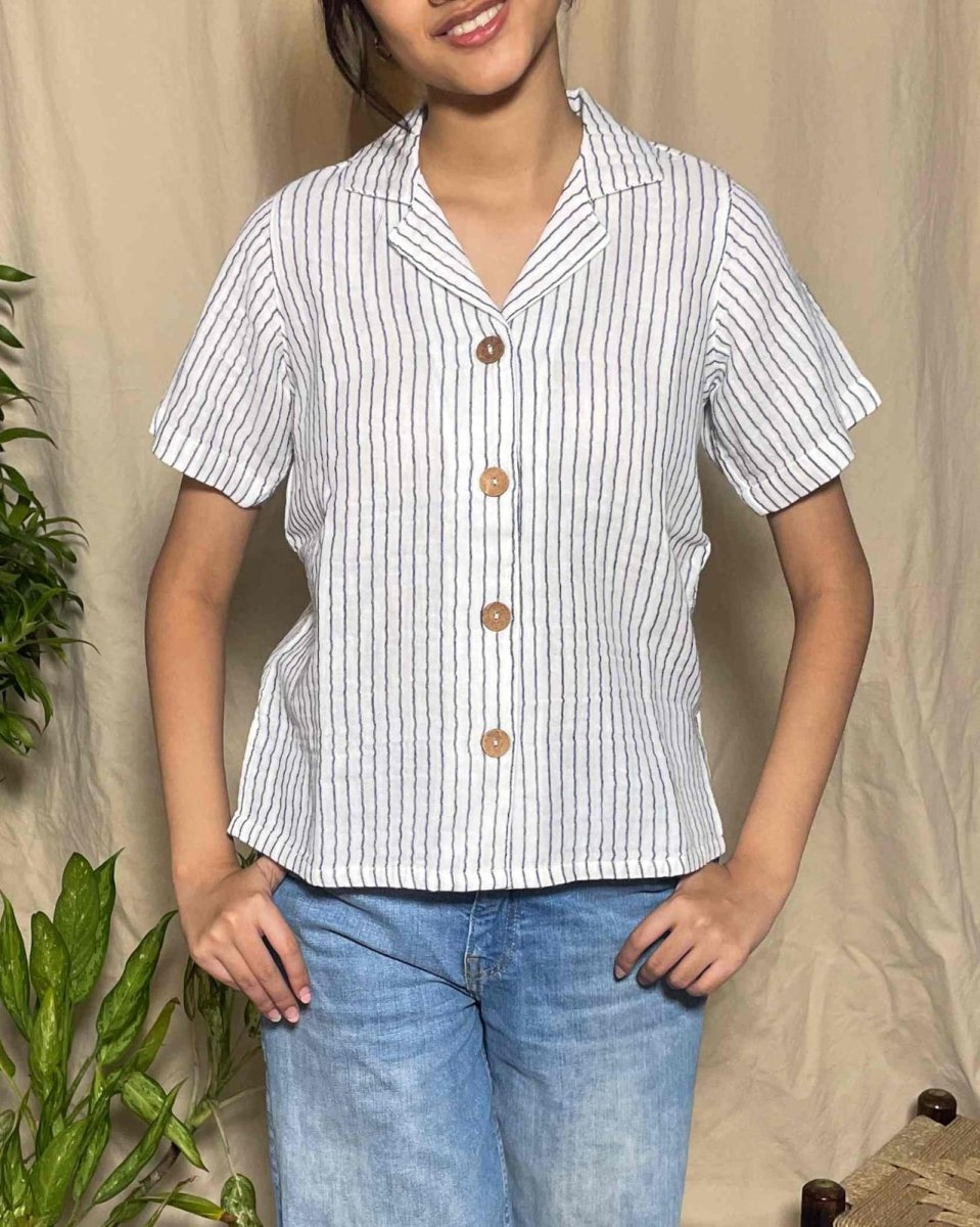 Asma Cotton Black & White stripe Open Collar Shirt Short Sleeve - Newnaa