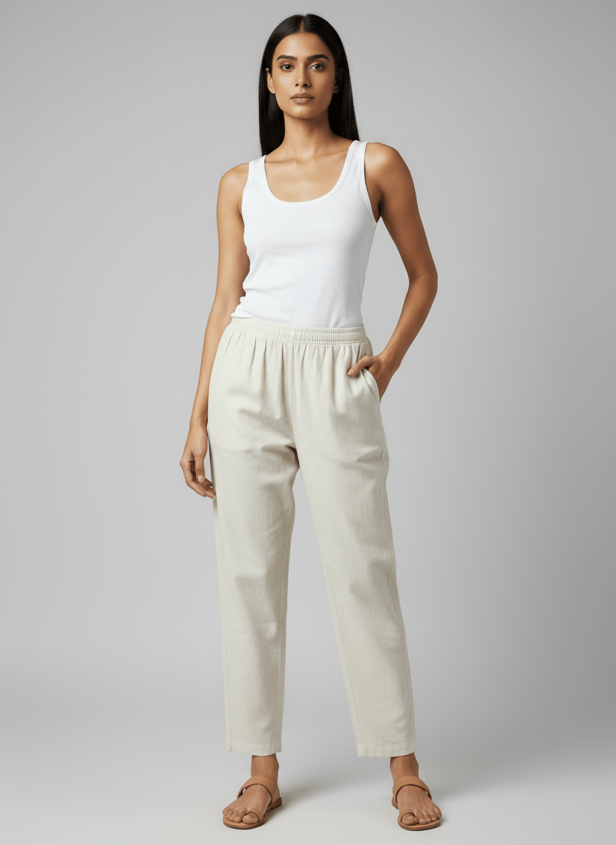 Eka Women’s Cotton - Linen Natural Tapered Pants – Lightweight Neutral Everyday Bottoms - Newnaa