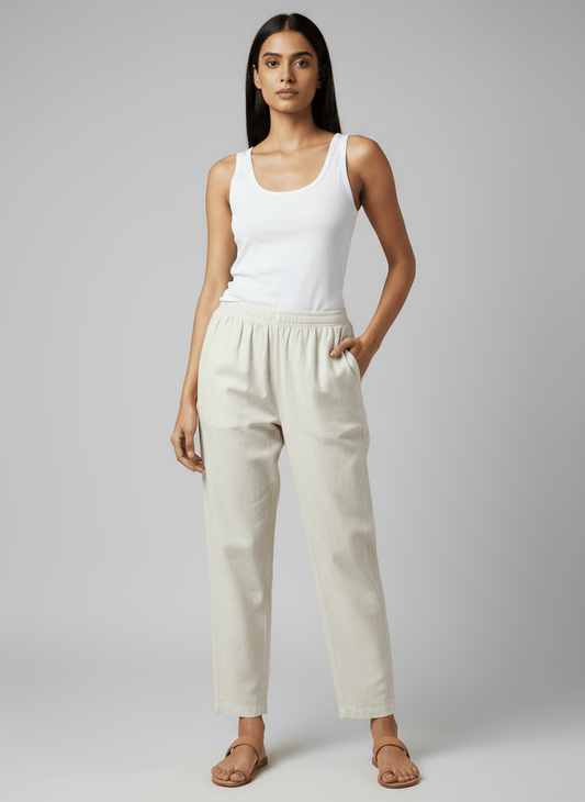 Eka Women’s Cotton - Linen Natural Tapered Pants – Lightweight Neutral Everyday Bottoms - Newnaa