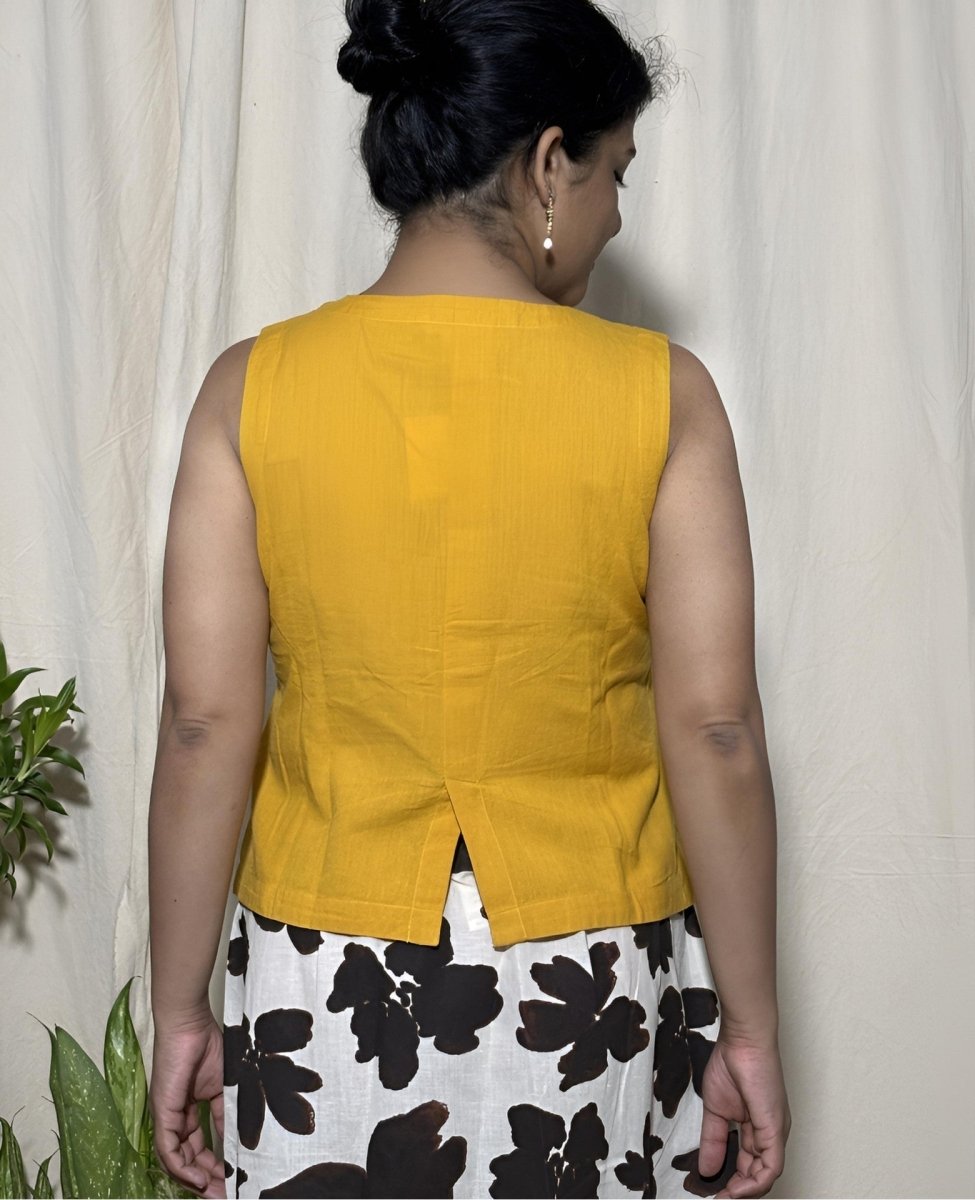 Juhi Linen Cotton Ochre Waistcoat Top Sleeveless - Newnaa