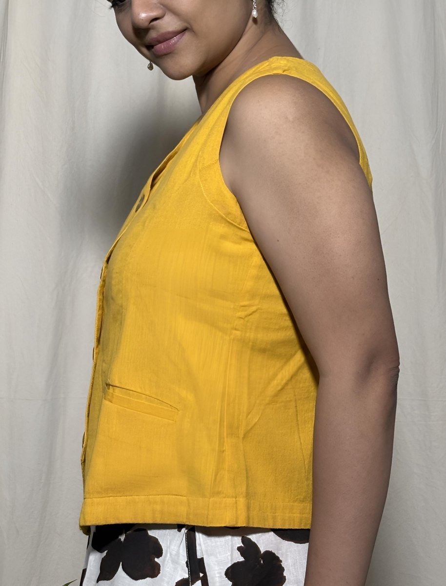 Juhi Linen Cotton Ochre Waistcoat Top Sleeveless - Newnaa