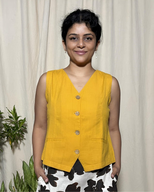 Juhi Linen Cotton Ochre Waistcoat Top Sleeveless - Newnaa
