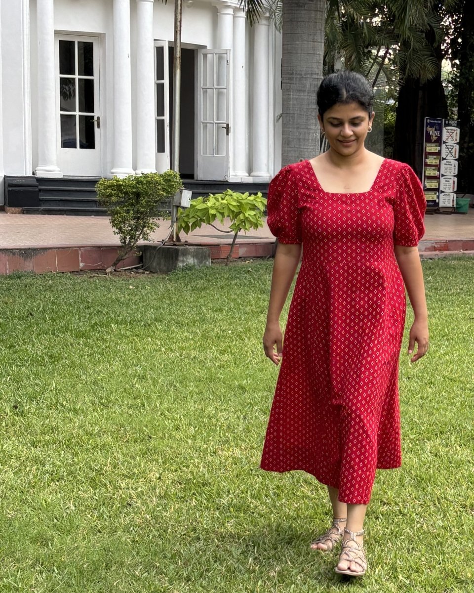 Mina Cotton Red Geo Square Neck Shirred Midi Dress - Newnaa