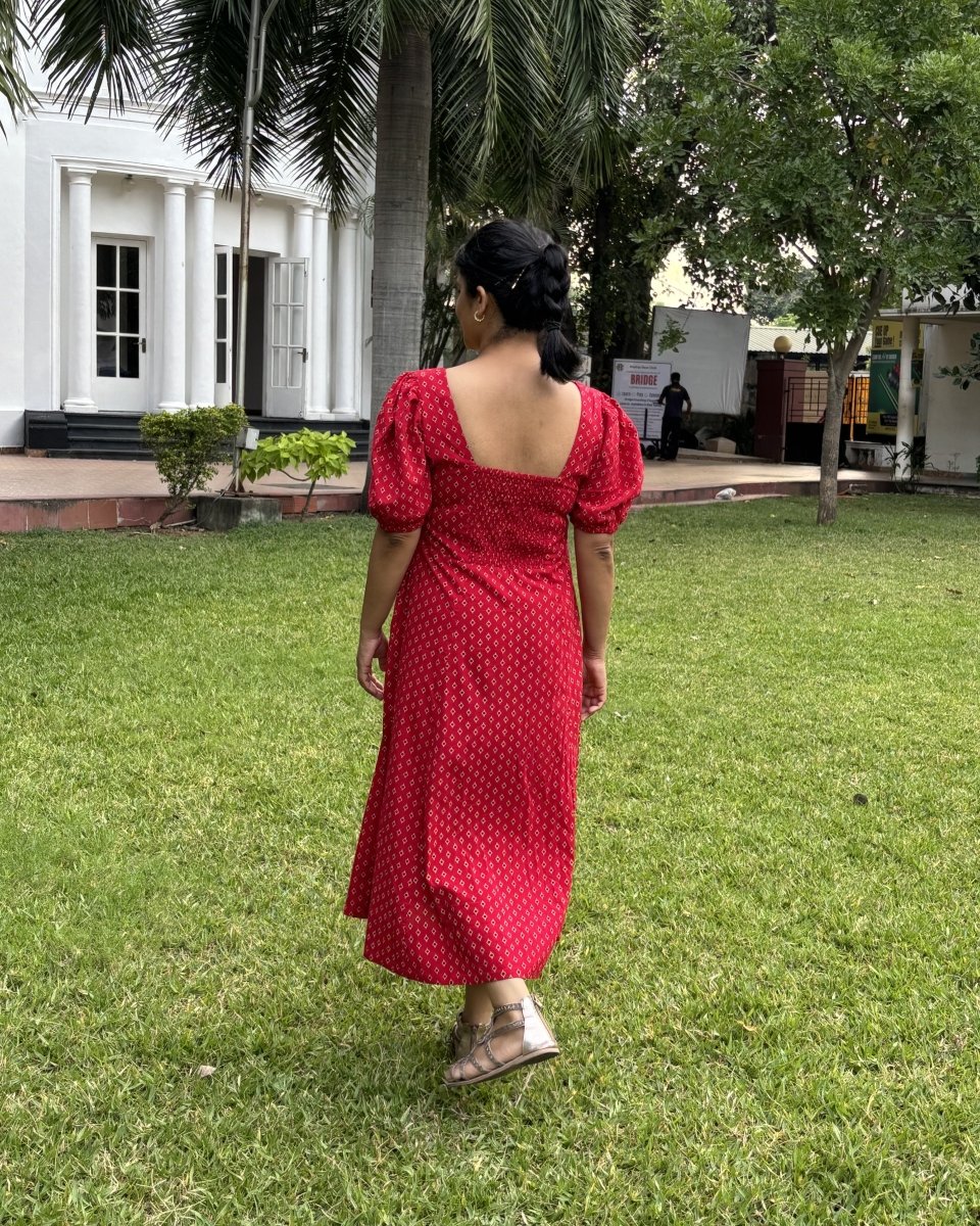 Mina Cotton Red Geo Square Neck Shirred Midi Dress - Newnaa