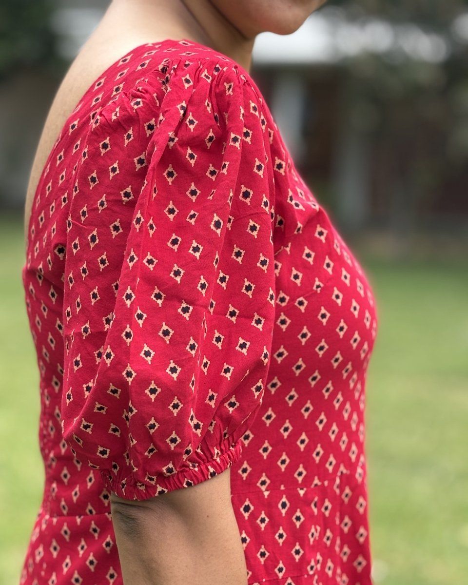 Mina Cotton Red Geo Square Neck Shirred Midi Dress - Newnaa