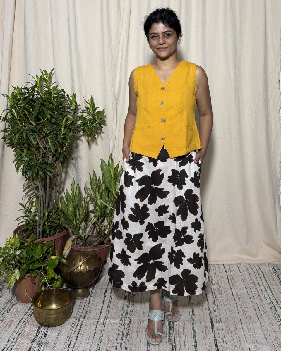 Neerja Linen Blend Watercolor Midi Skirt with Elasticated Waist - Newnaa