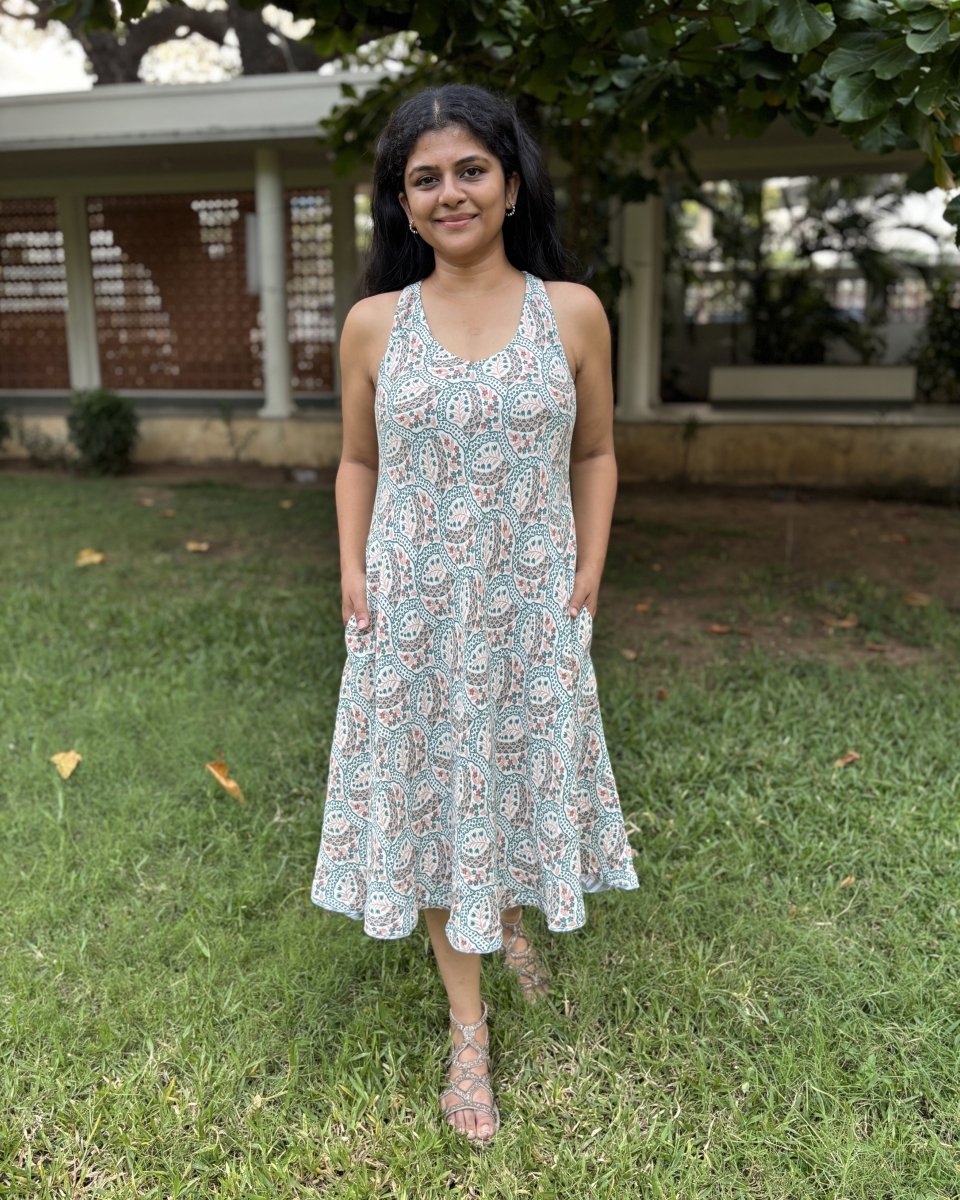 Prachi Racer Back Swing Dress Cotton Double Cloth Printed - Newnaa