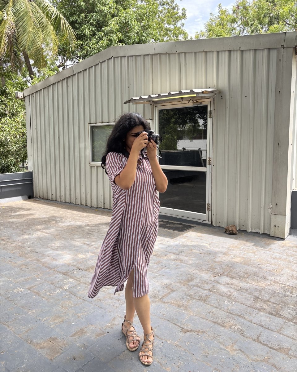 Rekha Cotton Brown Stripe Panel Midi Dress Short Sleeve - Newnaa