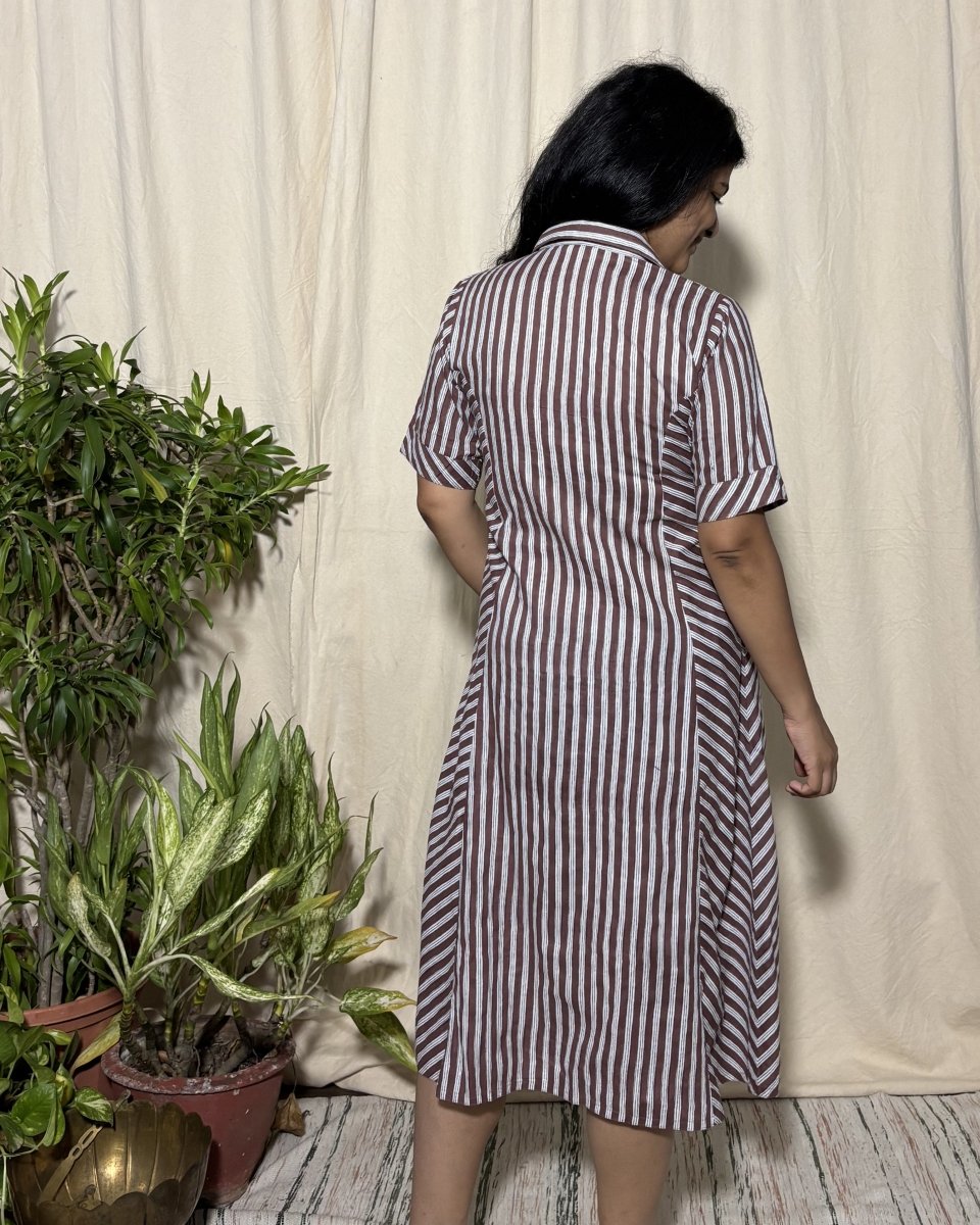 Rekha Cotton Brown Stripe Panel Midi Dress Short Sleeve - Newnaa