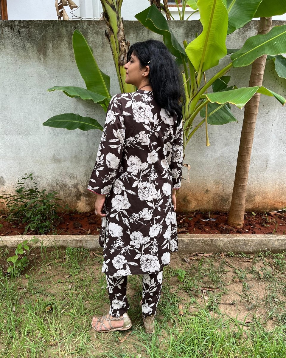 Rudra Cotton Mocha Floral Tunic and Pant Co - Ord Set - Newnaa