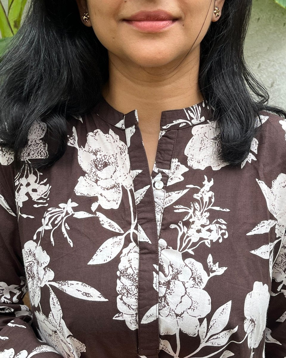 Rudra Cotton Mocha Floral Tunic and Pant Co - Ord Set - Newnaa