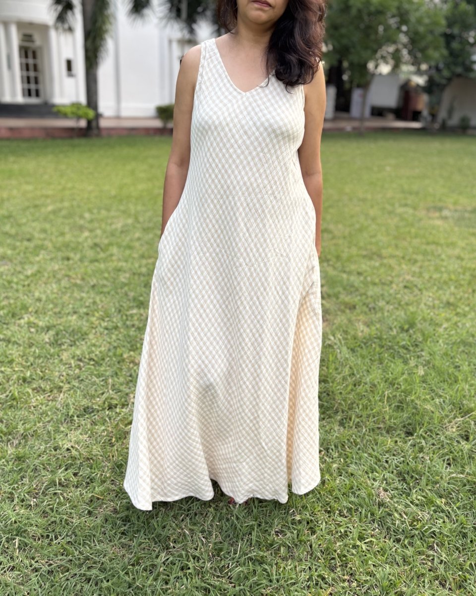 Saachi Soft Cotton Beige Racer Back V Neck Maxi Dress - Newnaa