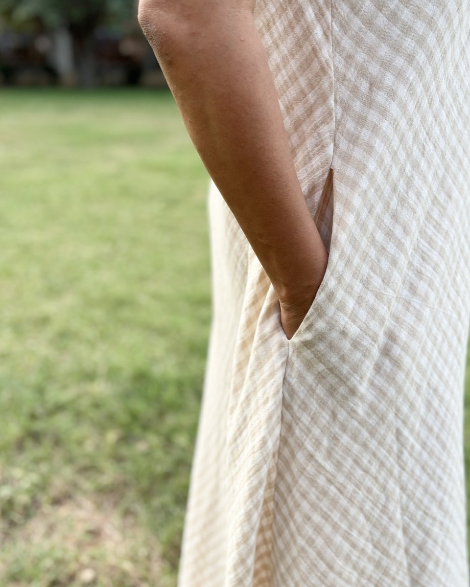 Saachi Soft Cotton Beige Racer Back V Neck Maxi Dress - Newnaa