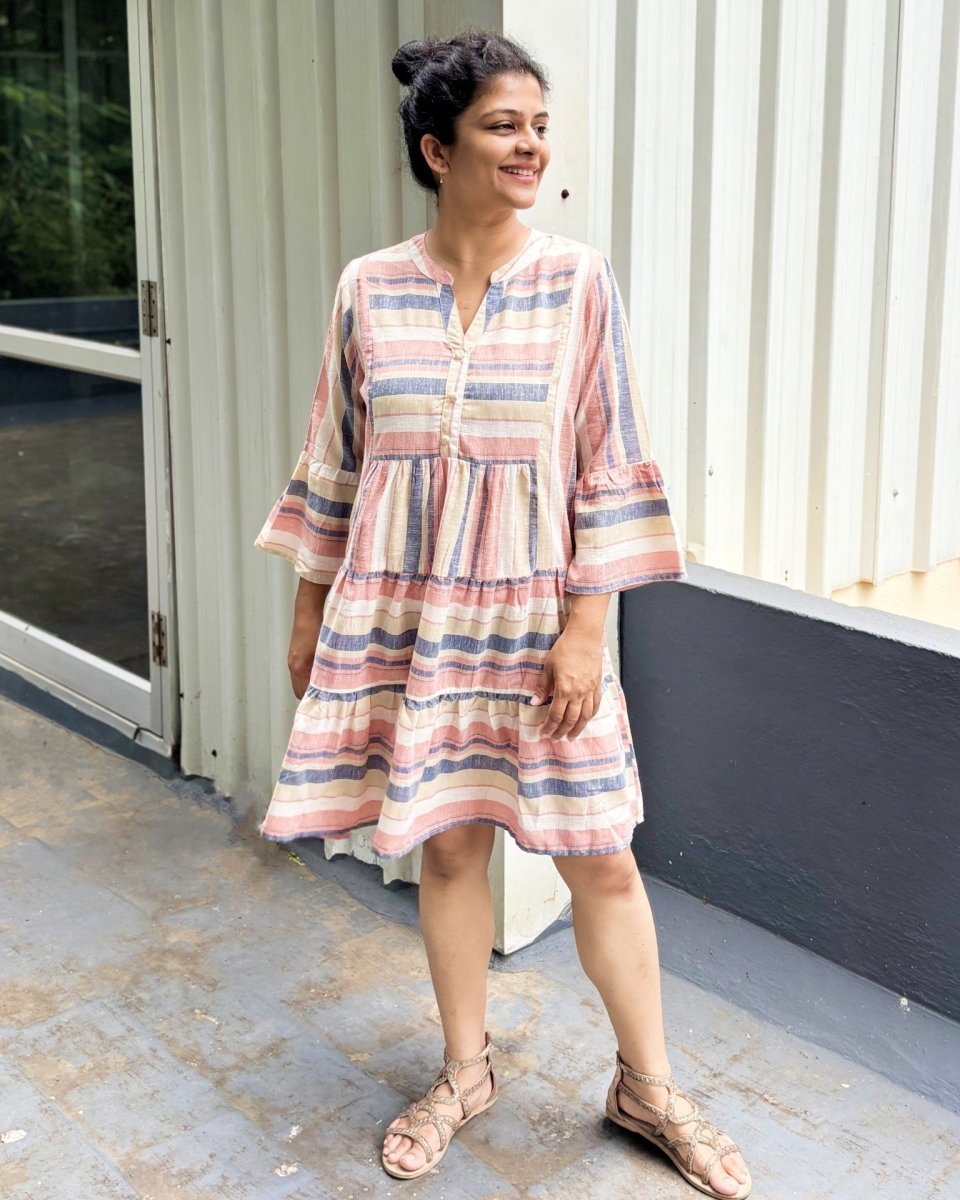 Tripti Cotton - Linen Multi Stripe Midi Dress with Flared Sleeves - Newnaa