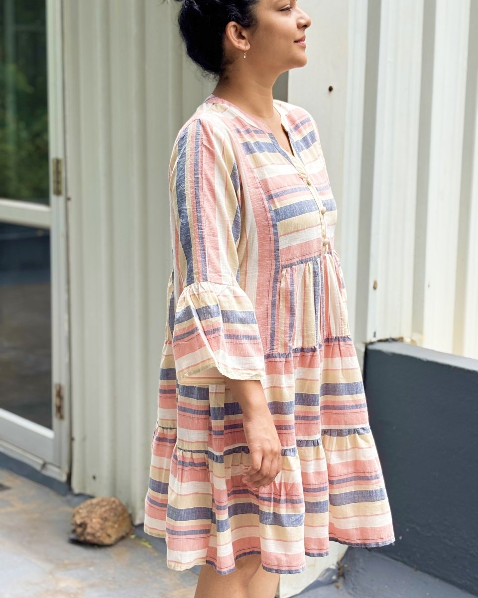 Tripti Cotton - Linen Multi Stripe Midi Dress with Flared Sleeves - Newnaa