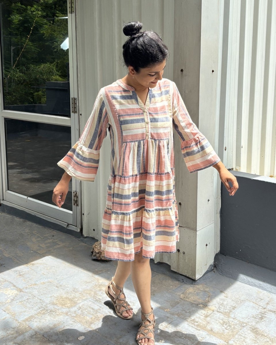 Tripti Cotton - Linen Multi Stripe Midi Dress with Flared Sleeves - Newnaa