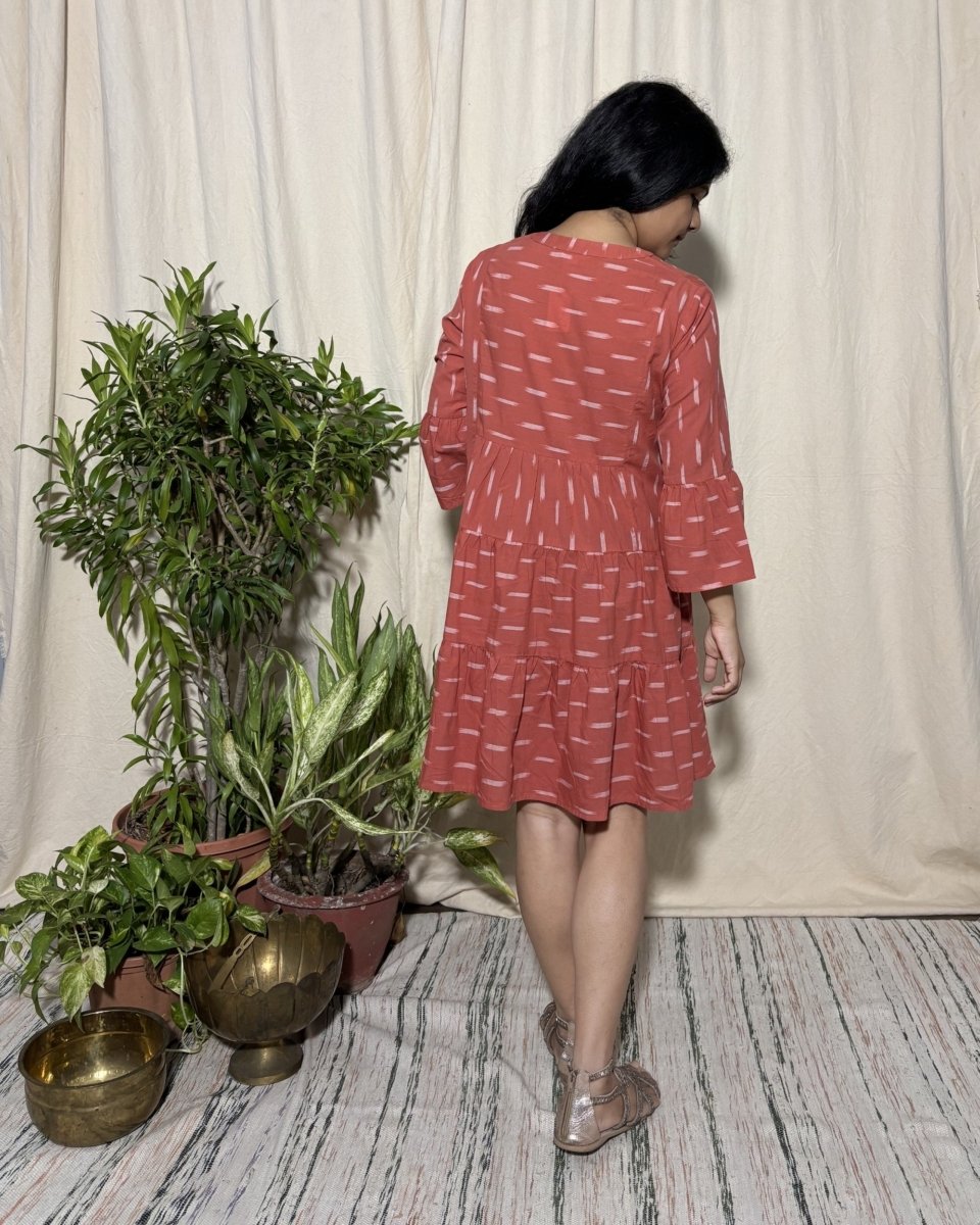 Tripti Cotton Rust Ikat Midi Dress 3/4 Flared Sleeve - Newnaa
