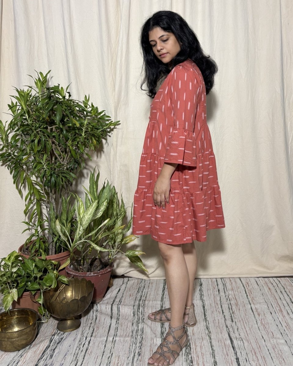 Tripti Cotton Rust Ikat Midi Dress 3/4 Flared Sleeve - Newnaa