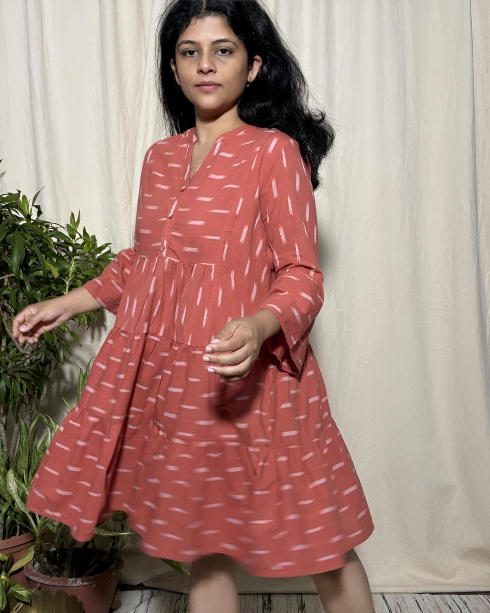 Tripti Cotton Rust Ikat Midi Dress 3/4 Flared Sleeve - Newnaa