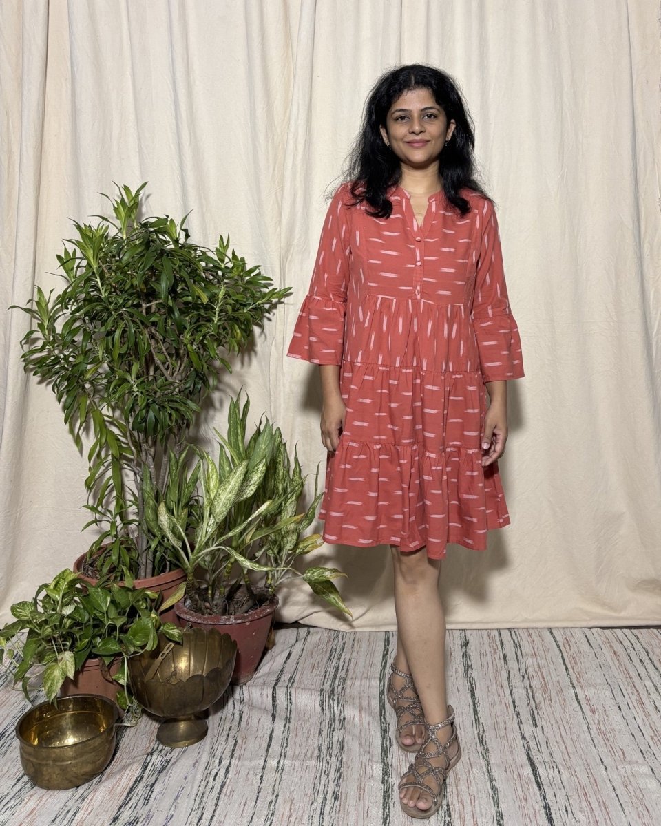 Tripti Cotton Rust Ikat Midi Dress 3/4 Flared Sleeve - Newnaa