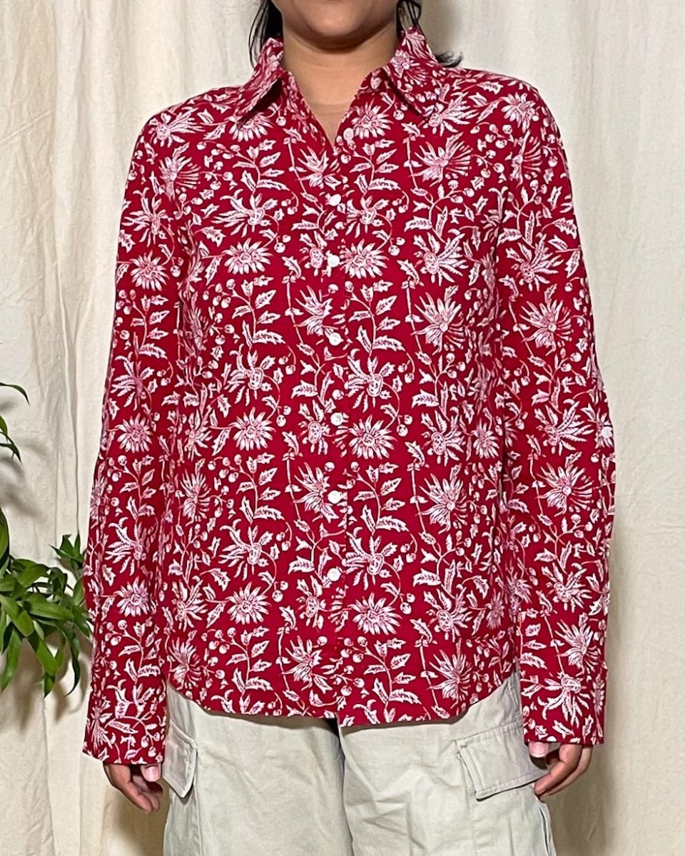 Trisha Slim Fit Cotton Red Floral Shirt Long Sleeve - Newnaa