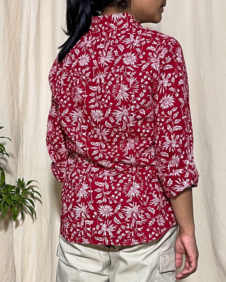 Trisha Slim Fit Cotton Red Floral Shirt Long Sleeve - Newnaa