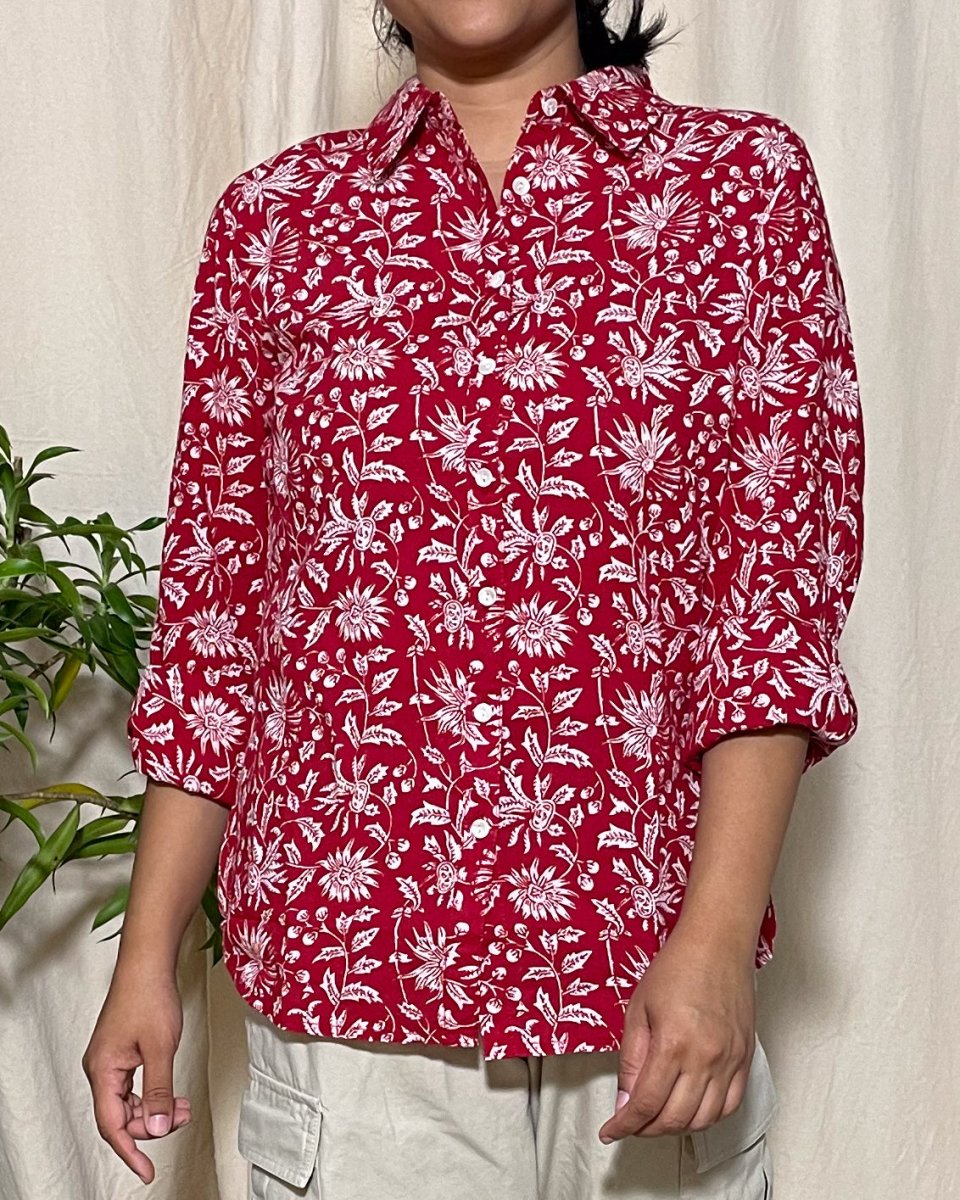 Trisha Slim Fit Cotton Red Floral Shirt Long Sleeve - Newnaa