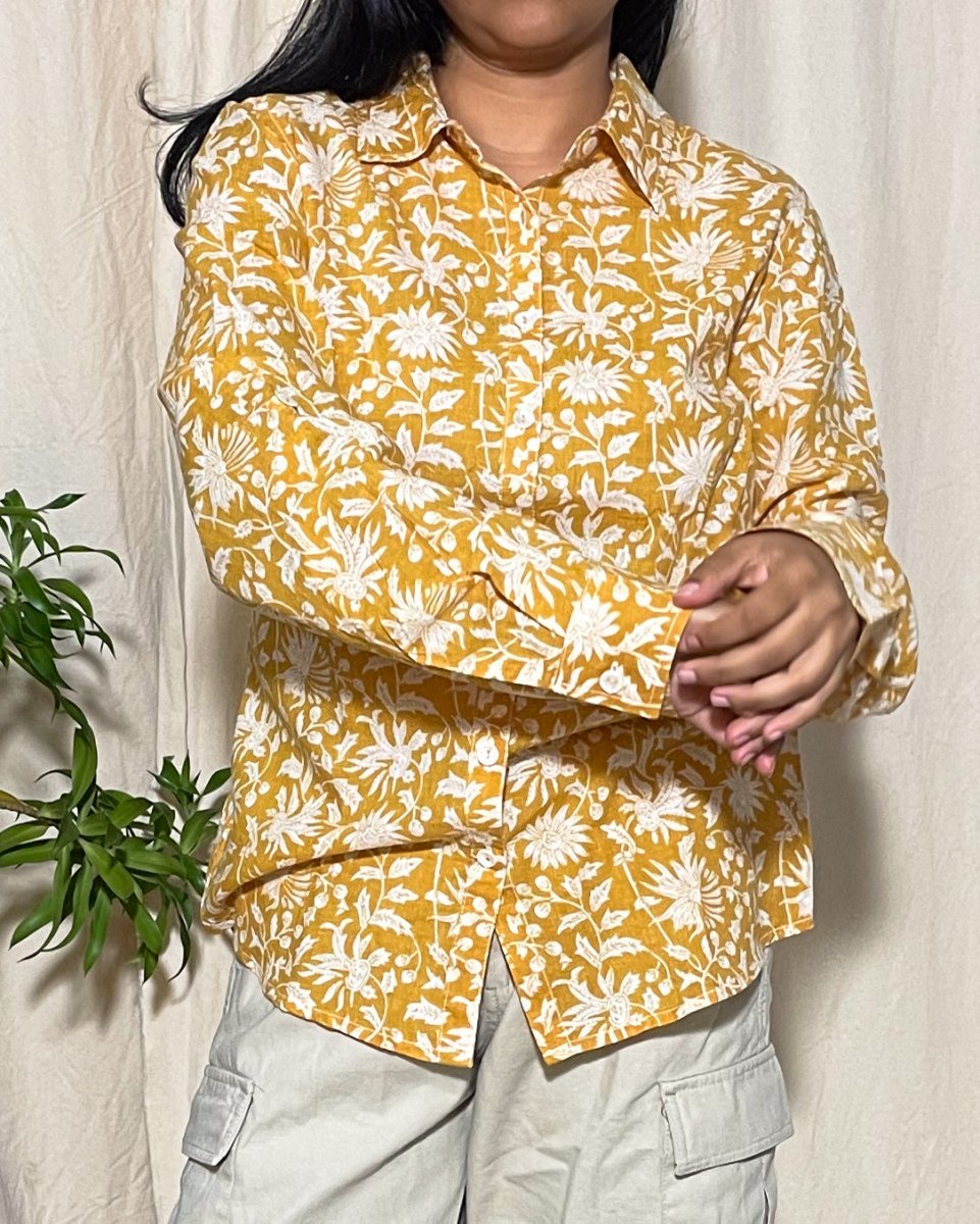 Trisha Slim Fit Cotton Yellow Floral Shirt Long Sleeve - Newnaa