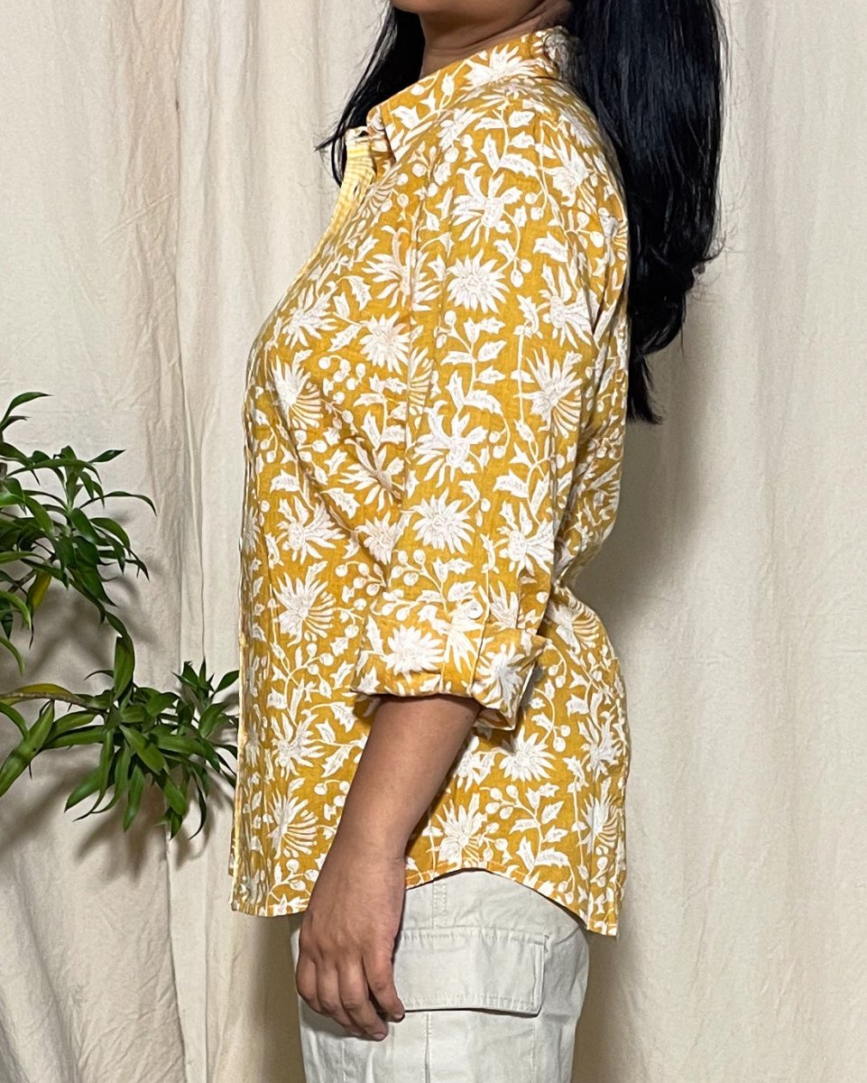 Trisha Slim Fit Cotton Yellow Floral Shirt Long Sleeve - Newnaa